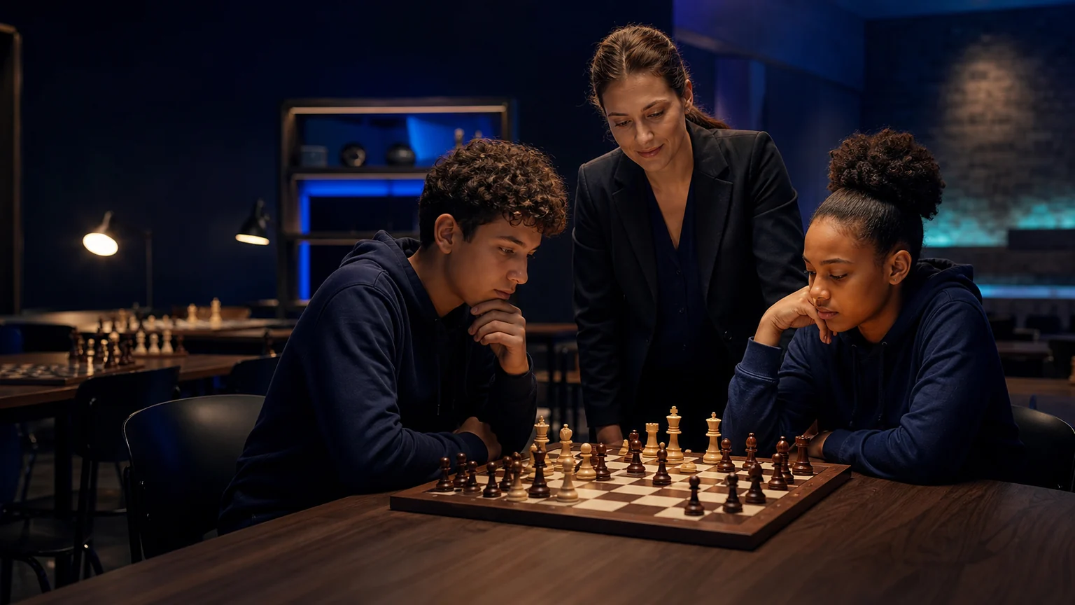 Chess coach guiding two teenage players through a focused match