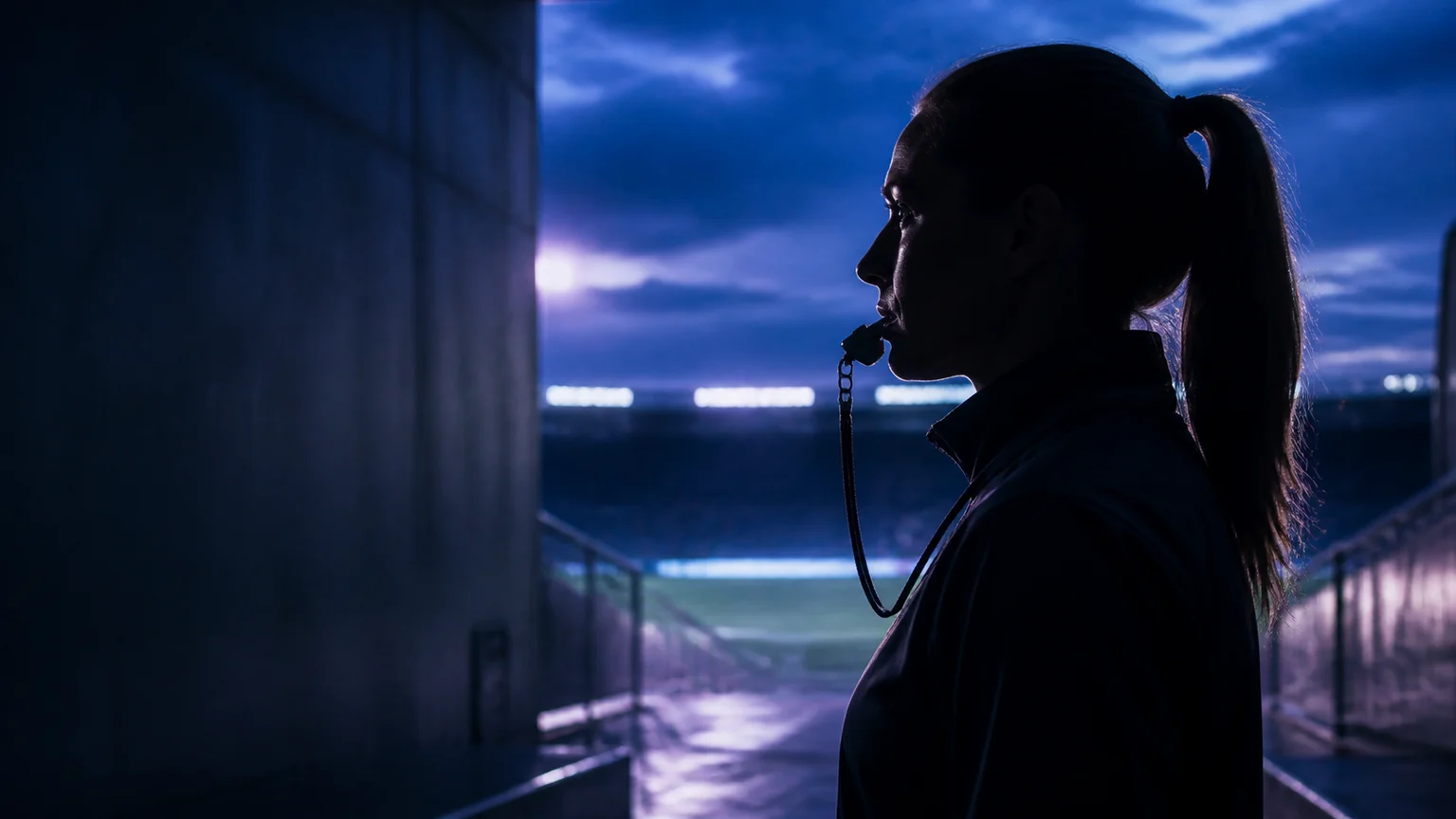 Female coach in side-profile silhouette with a whistle at the entrance to a stadium