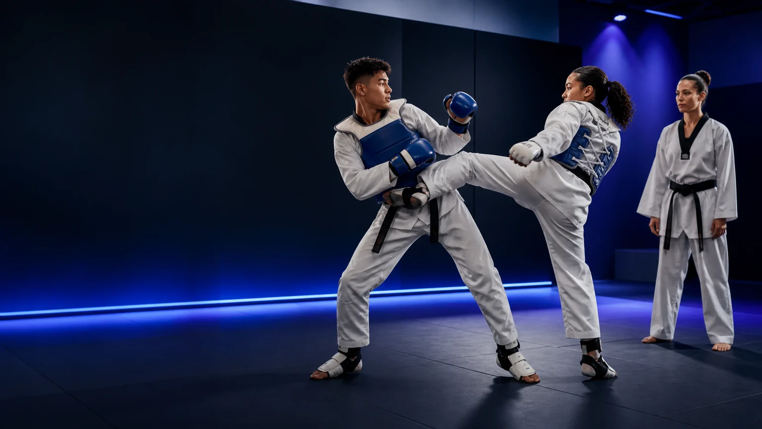 Instructor supervising two martial artists during controlled sparring practice