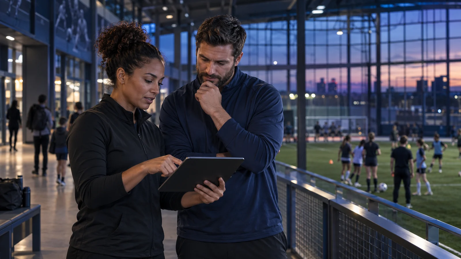 Program director and coach coordinating a season on a tablet beside an indoor training field