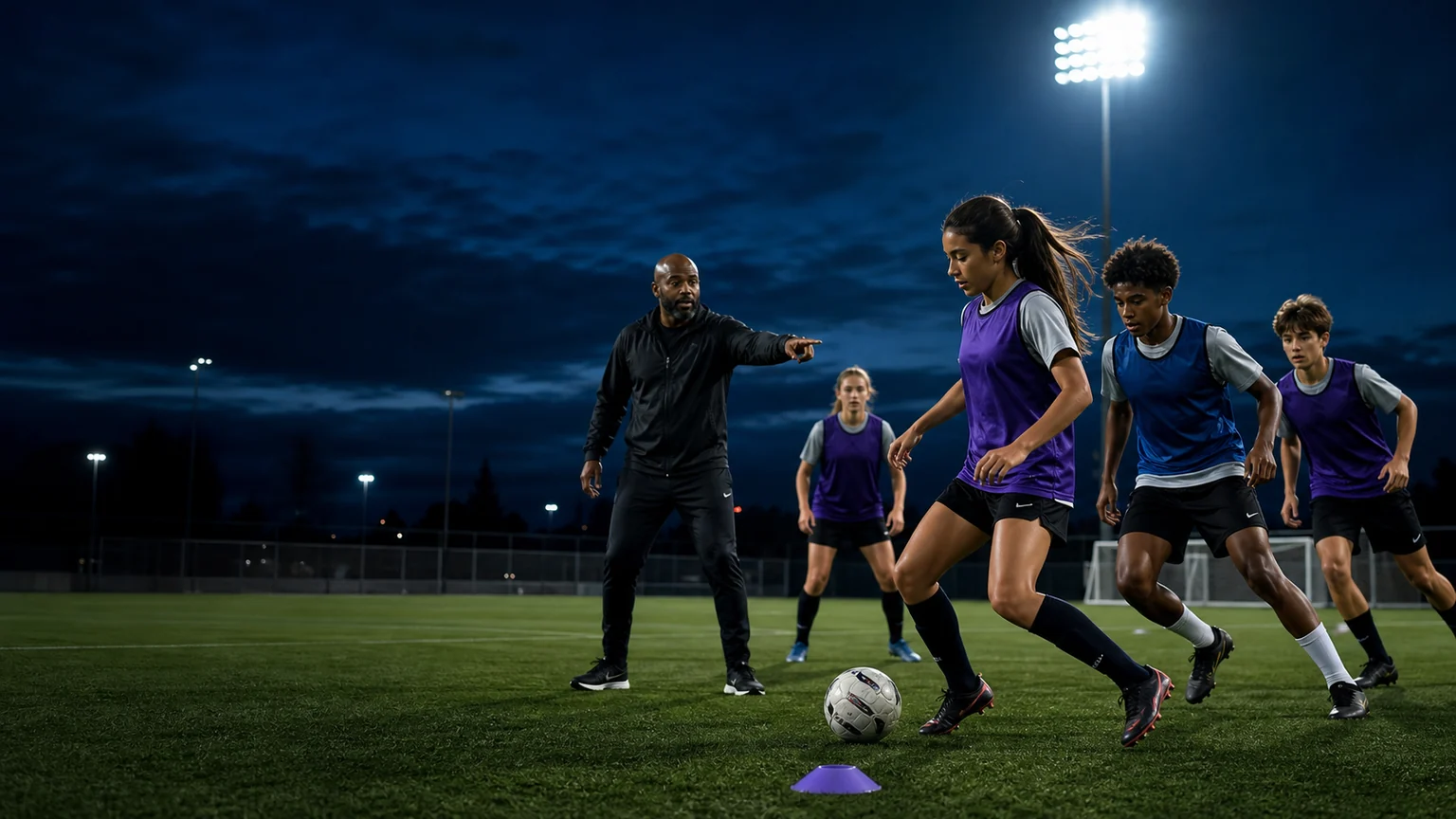 Coach leading teenage soccer athletes through an evening passing drill