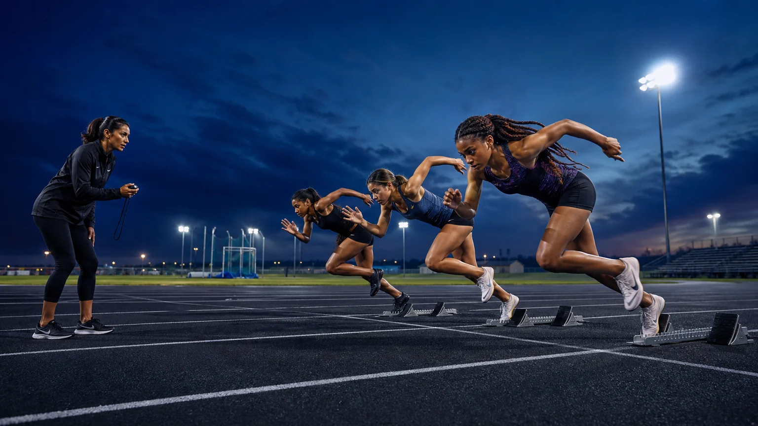 Female coach timing three sprinters launching from starting blocks